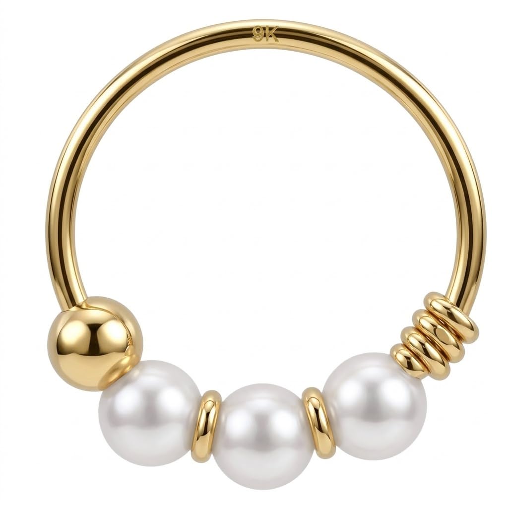 AZARIO LONDON 9K Yellow Gold Nose Ring Triple Pearl Bead 22 Gauge Hoop — image 1