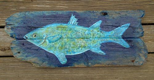 Driftwood Plank with painted folk art fish