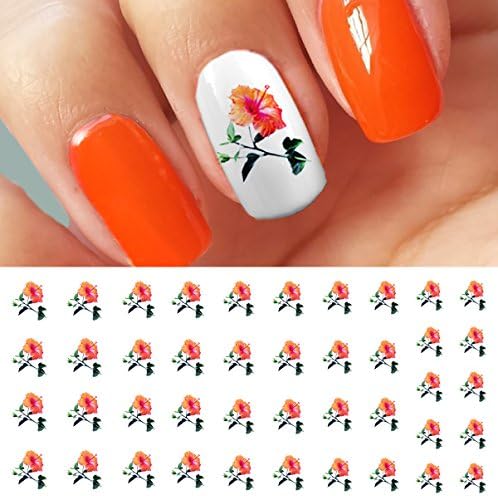 Orange Hibiscus Flower Water Slide Nail Art Decals - Salon Quality!
