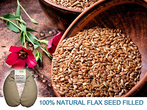 Happy Wraps Microwavable Unscented Flax Seed Neck Wrap & Free Sleep Eye Mask - Hot Cold Heating Pad For Shoulder & Neck Pain Relief Pillow - Stress & Migraine Relief - Heat or Freeze (Tan Cotton)