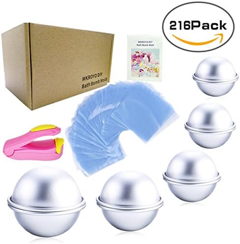 Bath Bomb Mold, MKROYO 211Pcs Bath Bomb Kit Including 200 Shrink Wrap Bags, 10 Pieces 5 Set 5 Size DIY Metal Bath Bomb Molds - Mini Heat Sealer for Making Your DIY Bath Bomb, Soaps & Crafts