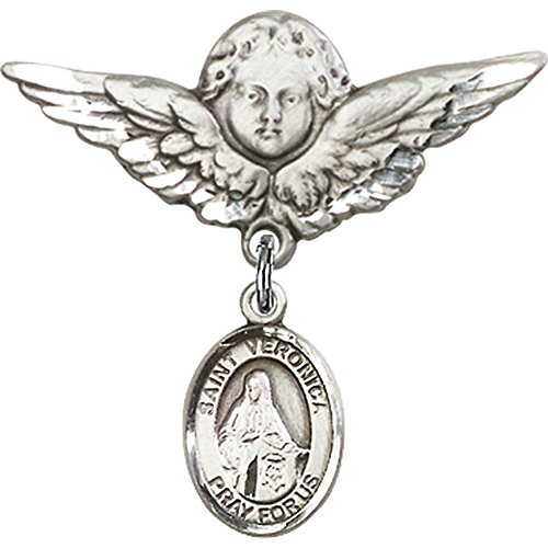 Sterling Silver Baby Badge with St. Veronica Charm and Angel w/Wings Badge Pin 1 1/8 X 1 1/8 inches