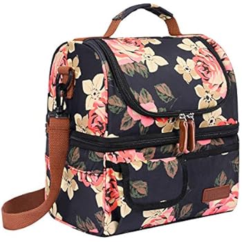 LOKASS Lunch Bags for Women Double Deck Insulated Lunch Box Large Cooler Tote Bag with Removable Shoulder Strap Wide Open Thermal Meal Prep Lunch Organizer Box for Adults/Work/Outdoor, Black Peony