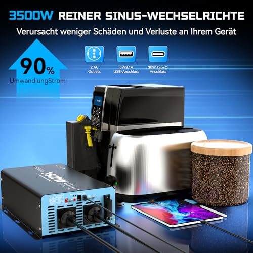 OLTEANP 3500W 7000W Inverter 12v to 230v Pure Sine Wave Voltage Converter Car Inverter with LCD Screen and Remote Control 2 AC Sockets USB Port and Type C for Camper Caravan Truck