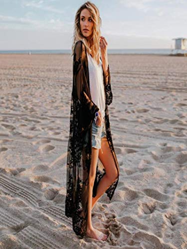Womens Kimono Cardigan, Women Lace Bohemian Beach Long Oversized Kimono Coat (Black, Free Size)