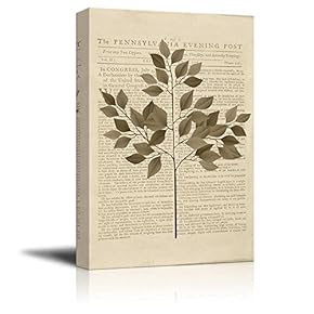 Canvas Wll Art - Branch with Leaves on Vintage Newspaper Background - Giclee Print and Stretched Ready to Hang - 12"x18"
