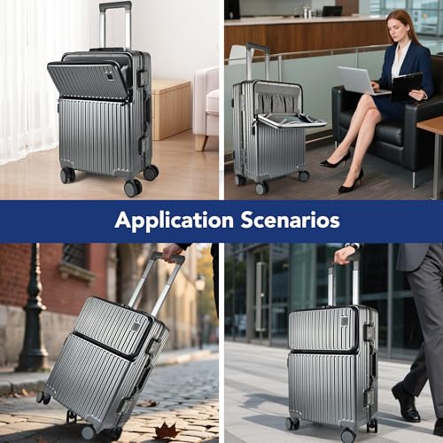 Carry On Luggage, 20 Inch Hardside Luggage, Carry On Suitcase with Front Open Laptop Compartment and Pocket, with Combination Lock, 4 Spinner Wheels, Cup Holder and Hook (c-White)