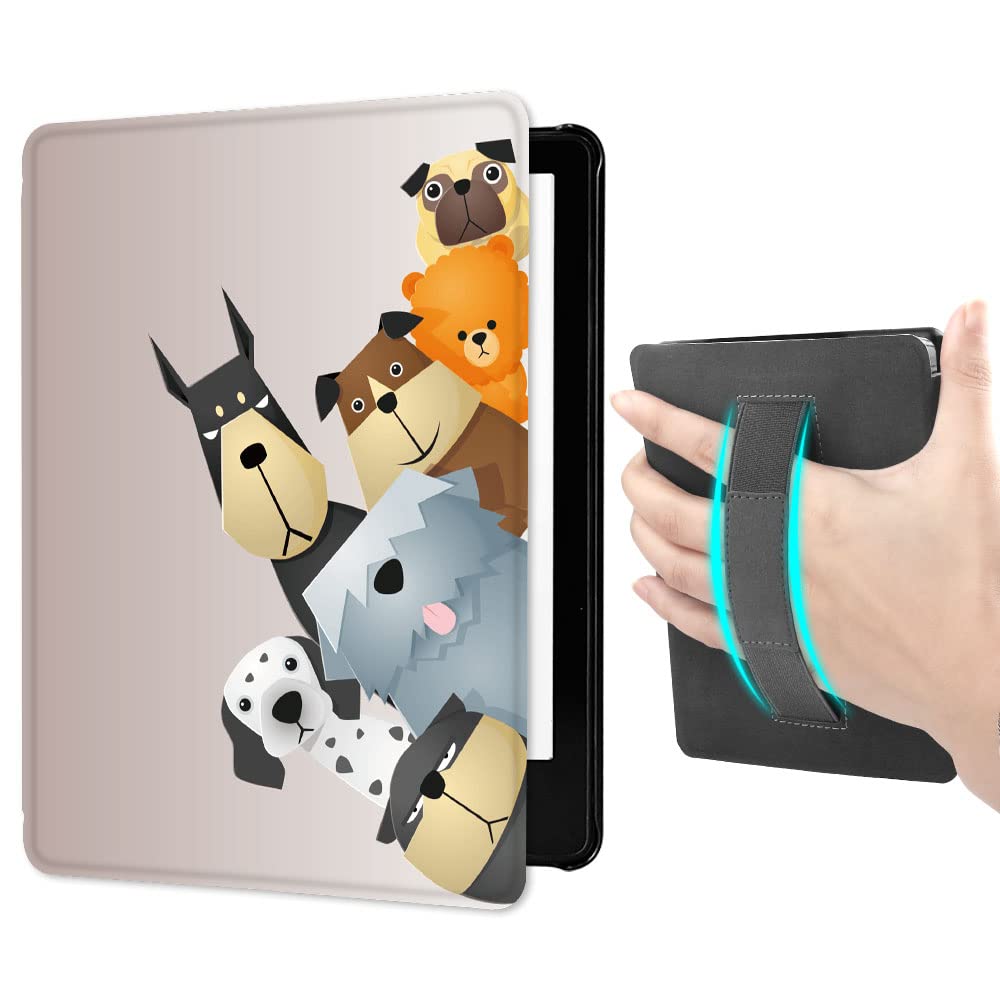Case for All-New Kindle Paperwhite (6.8", 11th Generation, 2021 Release) with Hand Strap, Hard PC Smart Case with Auto Wake/Sleep Function (Dogs Family)