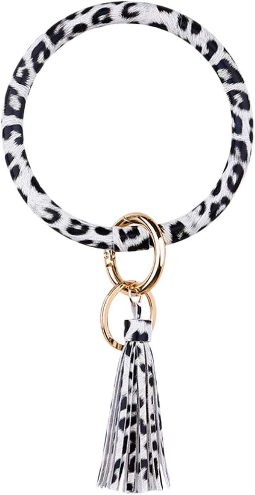 TOPBATHY Bangle Key Ring PU Leather Round Bracelet Wristlet Keychain Car Key Holder Bag Charm Pendant for Women Girl Gift (White)