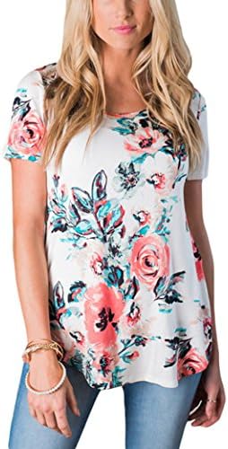 Sheshares Women Chic Shirt Floral Tee Round Neck Junior Summer Pullover Tops Color-D Medium