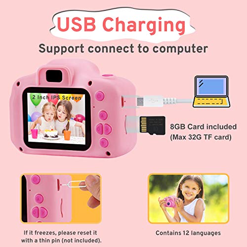 PROGRACE Kids Camera Digital Video Cameras for Kids Boys Birthday Toy Gifts Toddler Video Recorder Children Camera 2 Inch IPS with SD Card-Pink