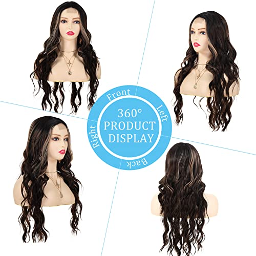 POPTAIYU Long Brown Mixed Blonde Wavy Highlight Wig for Women Synthetic Curly Middle Part Wigs Natural Wavy Heat Resistant Wig for Daily Party Use (Brown Mixed Blonde,24inch)