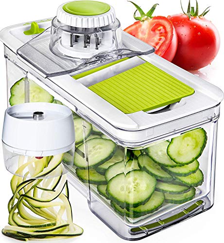 Adjustable Mandoline Slicer with Spiralizer Vegetable Slicer - Green Veggie Slicer Mandoline Food Slicer with Julienne Grater - V Slicer Mandoline Cutter Vegetable Cutter Zoodle Maker by Prep Naturals