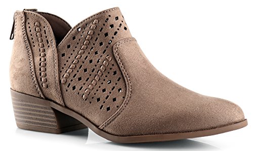 LUSTHAVE Perforated Laser Cut Out Stacked Betty Chunky Low Heel Ankle Bootie - Side V-Cut Back Zipper Boots Taupe 9