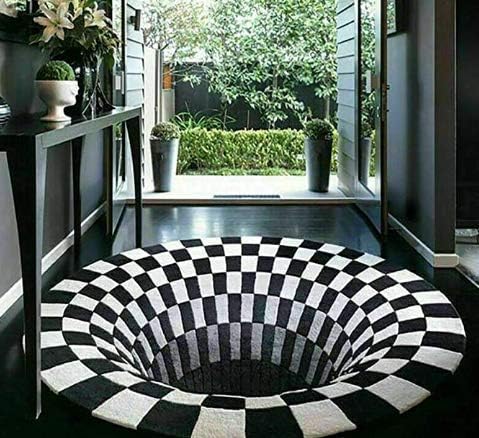 3D Black White Plaid Round Carpet Anti-Skid Non-Woven Doormat for Home Bedroom Living Dining Room |23.6|3D Round Area Rug 3D Visual Vortex Floor Rug