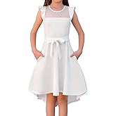 grewley Girls Dresses Summer Ruffle Sleeve Mesh A Line Casual Party Dresses Belted Dress with Pockets 5-14 Years