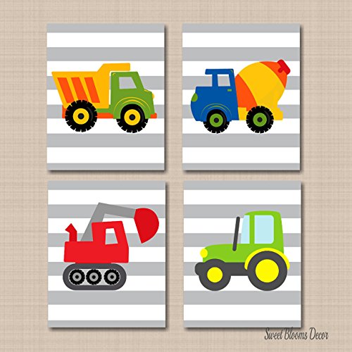 Construction Wall Art,Trucks Kids Wall Art,Transportation Nursery Wall Art,Boy Nursery Wall Art, Trucks Playroom Art,Tractor Dump Truck Excavator Mixer UNFRAMED 4 PRINTS (NOT CANVAS)C579