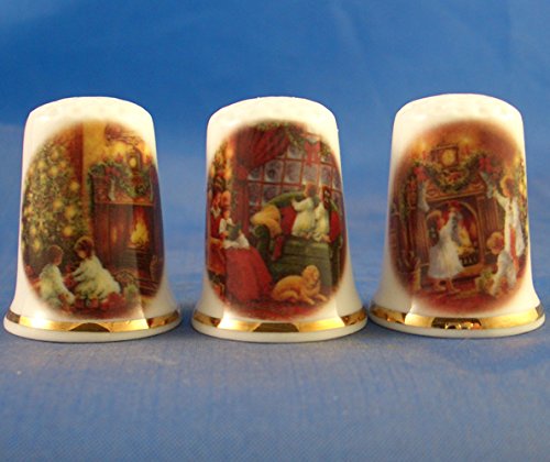 Porcelain China Collectable - Set of Three Thimbles - Traditional Christmas