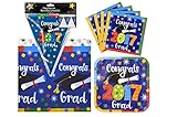 2017 Graduation Party Supply Pack for 28 Guests - Bundle Includes Paper Plates & Napkins, Plastic Table Cover and Flag Banner