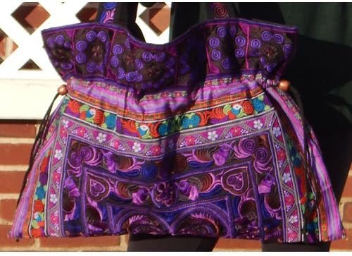 Large Hand-Made Embroidered Drawstring Tote Bag for Knitting or Travel - PURPLE