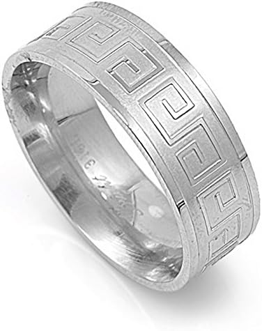 Greek Key Pattern 8mm Mens Womens Fashion Band Stainless Steel Promise Ring Sizes 8-13