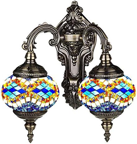 Aolun Mosaic Lamp-Handmade Turkish Mosaic Double Wall Lamp with Mosaic Lantern, Bronze Base, Unique Double Glass Mosaic Wall Light for Room Decoration (Blue,White)
