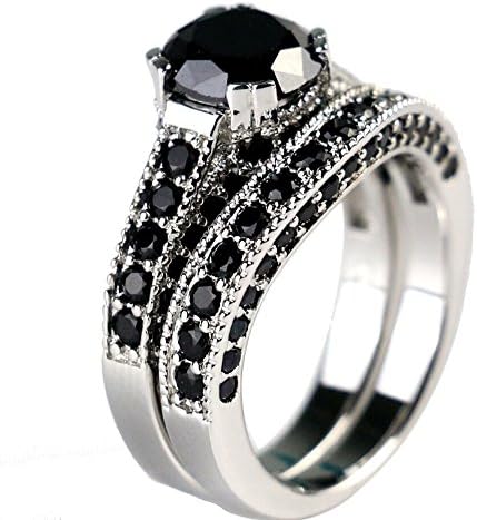 Round Onyx Black Zircon White Gold Filled Women's Wedding Ring Set 2 in 1 Band Gifts Bridal Sets (8)