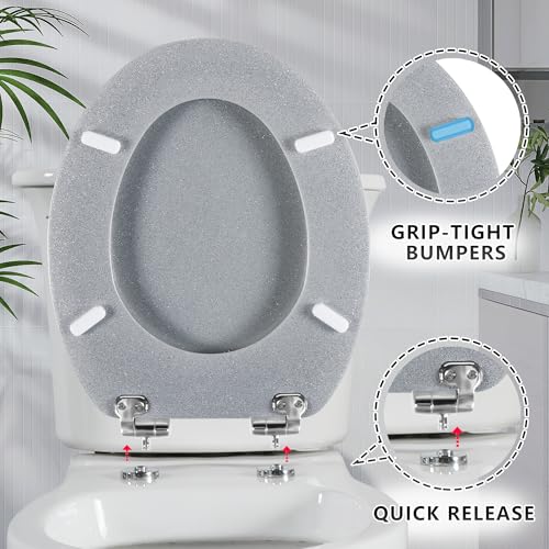 Angel Shield Glitter Toilet Seat Molded Wood Toilet Seat, Quiet Close with Quick Release Adjustable Hinges 45x37cm Oval, Fits EU Bottom-Mount Toilets (Silver Glitter)