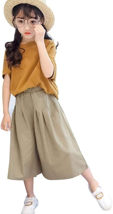 Amazon Getupp 子供服 女の子 洋服 綿 リネン 無地 可愛い 二点セット 上下セット Tシャツ ゆったり スリーブ ズボン 9分丈 ガールズ カジュアル 着回し 春着 夏物 普段着 通園 通学 春 夏 おしゃれ プレゼント Tシャツ カットソー 通販