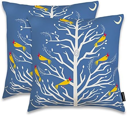 JUNHOMEDEC Canvas Pillow Cover Case for Couch Sofa Home Decor, Floral Cartoon Bird Throw Pillow Shams 18 X 18 Inches, Blue Ground Yellow Bird Set of 2