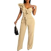 kaimimei Womens Casual Jumpsuits V-Neck Sleeveless Ruffle Backless Belted Wide Leg Pant Sexy Romper Party Clubwear