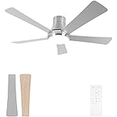 SODSEA 52 Inch Outdoor Ceiling Fan with Light and Remote, Brushed Nickel Flush Mount Ceiling Fan, 5 Blades, Dimmable, Reversible, 3-Colors, 6 Speeds