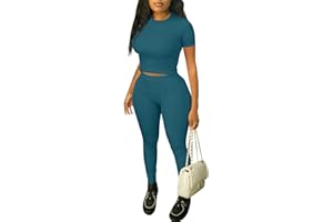 ZFLM Casual Workout Two Piece Outfits for Women Fitted Crew Neck T-shirt High Waist Pants Matching Sets Streetwear