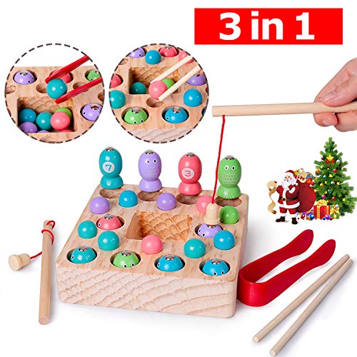 Rolimate Fishing Game Wooden Magnet Fishing Toy Montessori Developmental Preschool Toy Color Recognition, 10 Fishes Beads Fishing Pole Clamp Chopsticks, Birthday Gift for 3 4 5+ Years Boy Girl Toddler - Thumbnail 6