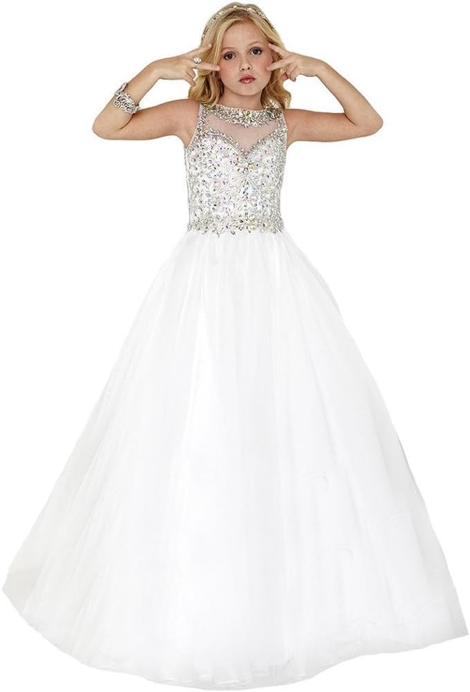 Girls' White Scoop Beaded Crystal Full Party Gown Pageant Dresses