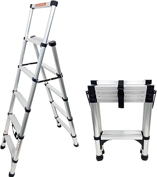 Amazon Co Jp Power On 折りたたみ脚立 アルミ製 5段 持ち手付き 伸縮式 コンパクト収納 自動ロック 足場高さ140cm メーカー保証付き 産業 研究開発用品