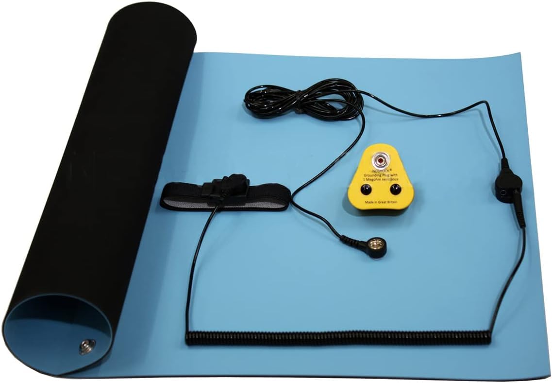 NOSHOCK Anti Static ESD Grounding Kit – Anti Static Mat, Wrist Strap, Grounding Cables & UK Adapter for PC Building, Electronics Repair, Soldering & Circuit Board Protection (Blue, 700×500mm)