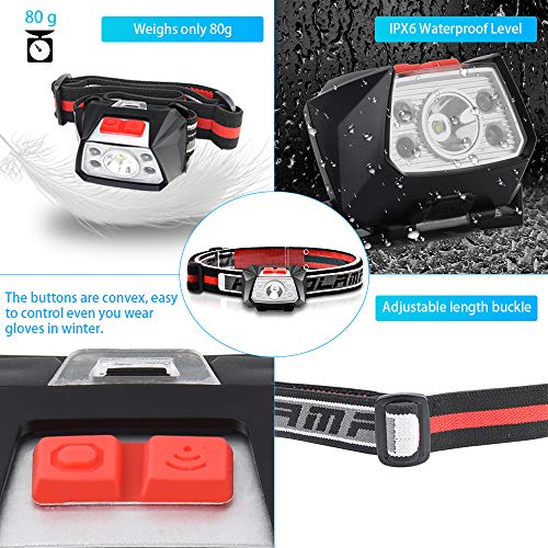 Rechargeable Headlamp with Red Light, Motion Sensor White LED Headlight(Included Battery), Comfortable Cotton Headband, IPX6 Waterproof Lightweight Head Lamps for Cycling Fishing Hiking Skiing