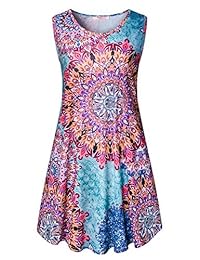 Misheep - Vestido sin mangas para mujer con estampado floral, longitud de la rodilla y bolsillos