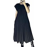 LZIALBM Women's Summer Pleated Maxi Dress 2024 Casual Cap Sleeve Loose Fit Flowy Long Dresses with Pockets
