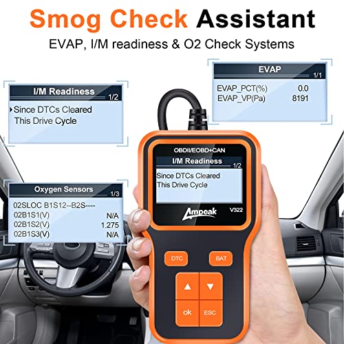 Ampeak OBD2 Scanner, Check Engine Code Reader, CAN Diagnostic Scan Tool, O2 Sensor Systems, EVAP Smog Check Scan Tool, Car Scanner Diagnostic for Since 1996 All OBDII Cars
