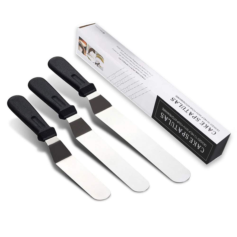 Cake Icing Palette Spatula Set,3PCS Stainless Steel Angled Cake Decorating Offset Spatula Professional Baking Palette Knife with Non-Slip Handle for Kitchen Baking Frosting Pastries Cupcakes