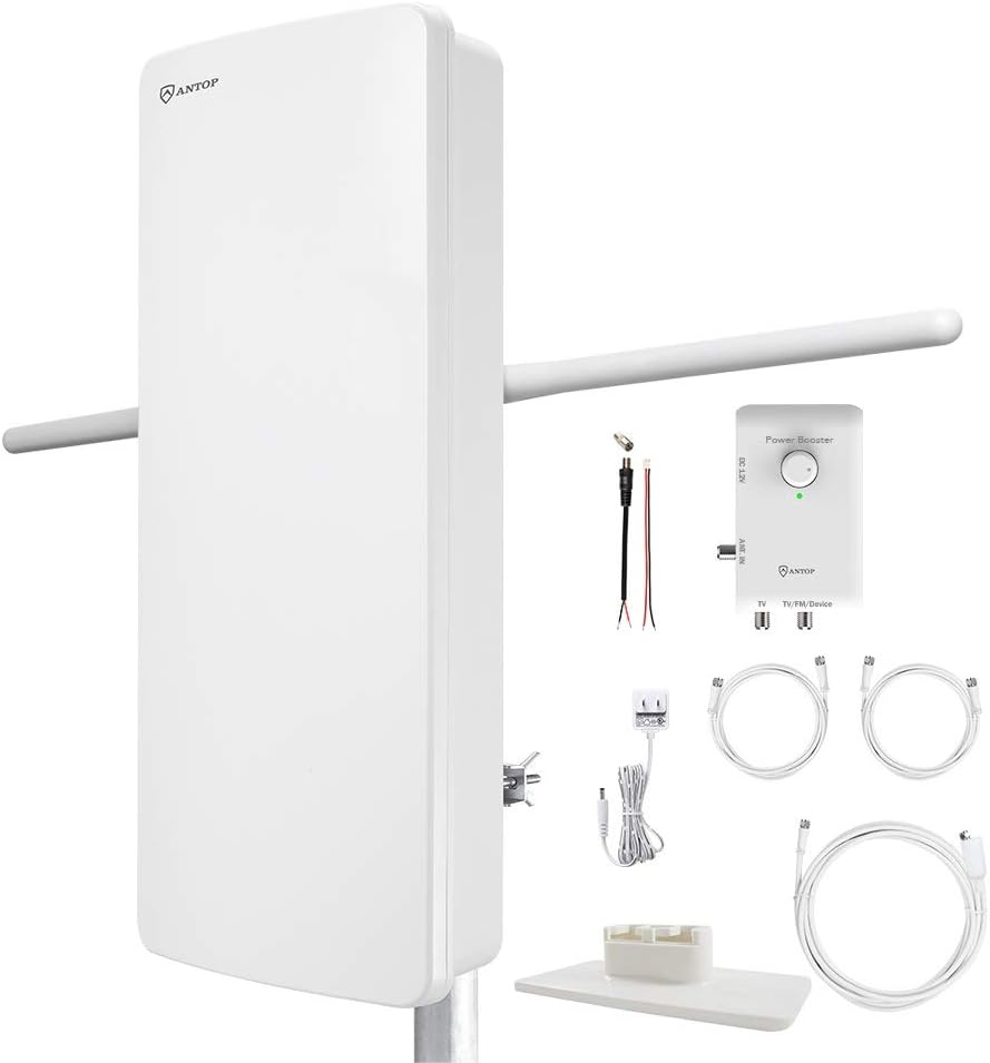 ANTOP HDTV Antenna with Smart Boost System,Indoor/Outdoor Multi-Directional, 85 Mile Range,UHF/VHF Range Enhanced, Support 4K 1080p Channels & All Older TV's for Outdoor