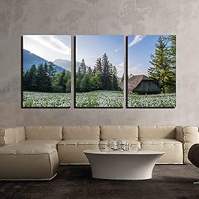 3 Piece Canvas Wall Art - Wood Hut with Flowers Surrounded with Beautiful Nature Scenery - Modern Home Art Stretched and Framed Ready to Hang - 16"x24"x3 Panels