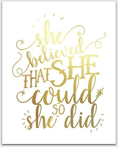 Gold Foil Print / She Believed She Could So She Did / Motivational Wall Desk Art / 8x10 inches