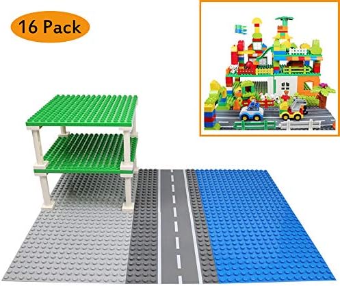 Lynnda 8 Pack Building Baseplates, 10" x 10" Baseplates, 2 x Building Brick Stackable Plates, 4X Baseplates, 8 Stackers, 2 Straight Road Base Plates, Compatible with Duplo-Style Bigger Size