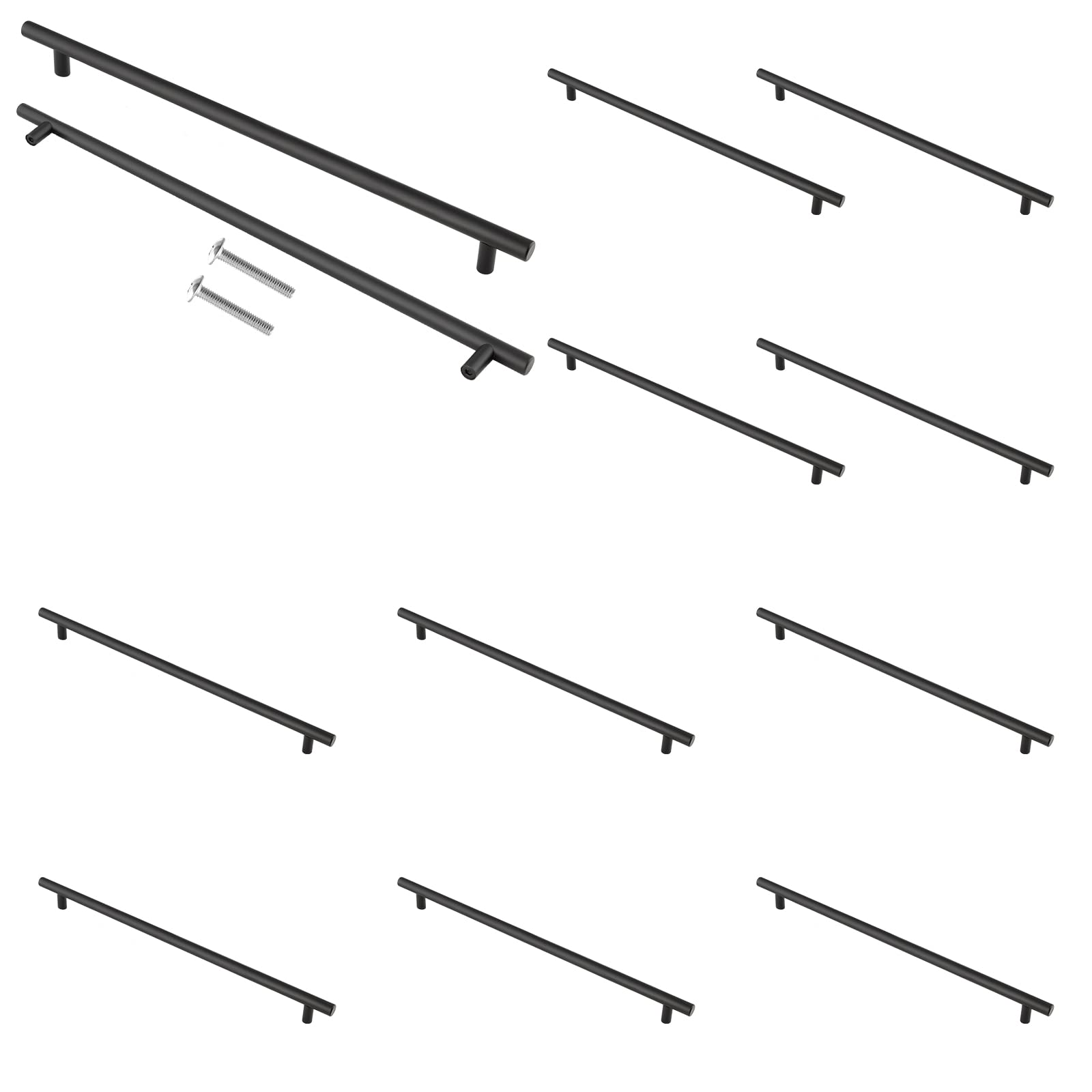 Cjueiom Matt Black Cupboard Handles - 192mm Hole Center T Bar Knobs, 12 Pack Stainless Steel Drawer Pulls - Long Wardrobe & Kitchen Cabinet Handles, 300mm Length for Bedroom & Drawer