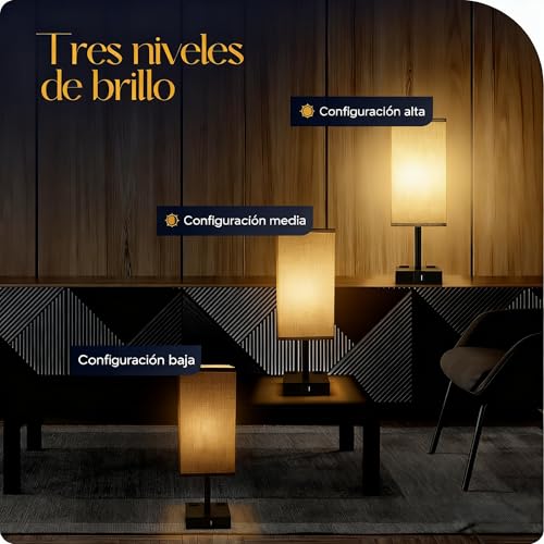 Lylilidy 2 PC Lámparas de Mesa y Buró (FOCO INCLUIDO), Lamparas de Mesa recamara Control Táctil, 2 Salidas de CA y 2 Puertos USB (A+C), 3 Niveles de Brillo