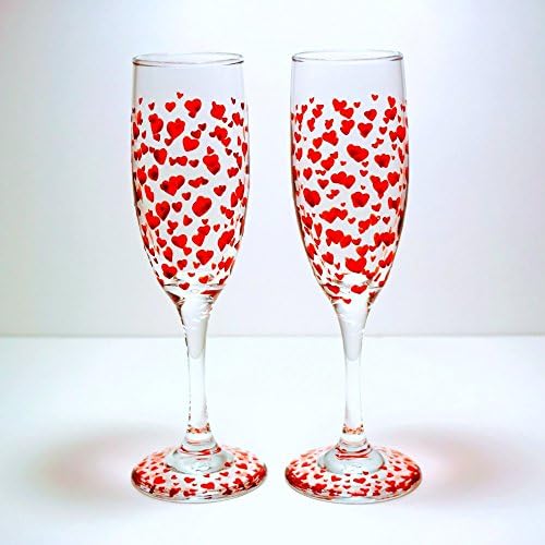Hand Painted Red Heart Champagne Toasting Glasses