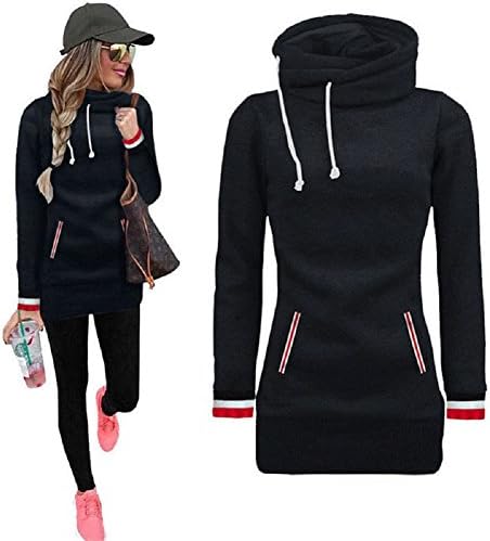 Harson Winter Autumn Fashion Women Long Hoodies Sweatshirts With Pockets Long Sleeve Pullover Hooded Slim Casual Tops Christmas BTS Kpop Hooodies Mini Dress Coat S-XL (Black, L)